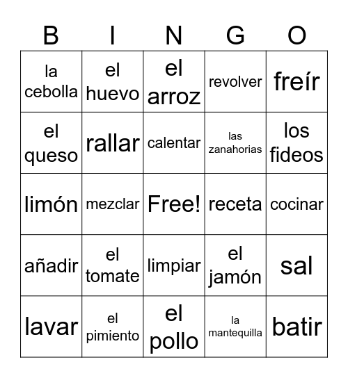 cocinar Bingo Card