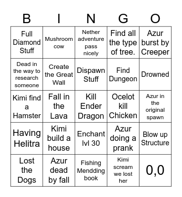 Minecraft Bingo Adventure Bingo Card