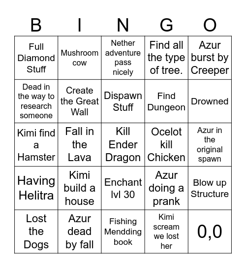 Minecraft Bingo Adventure Bingo Card