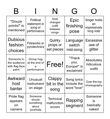 Eurovision semi final Bingo Card
