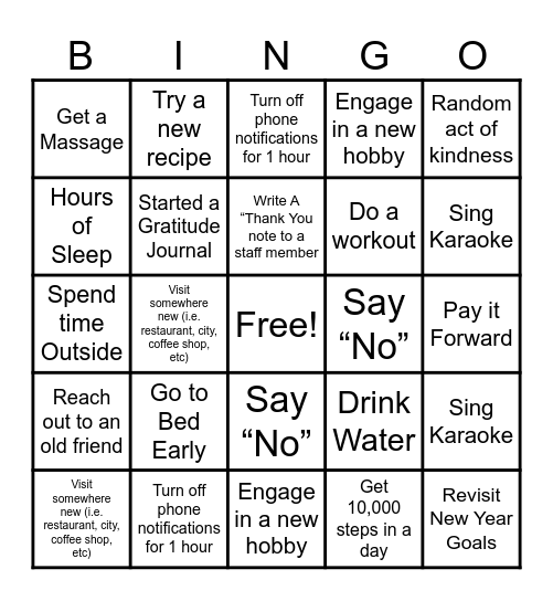 Mental Health BINGO Card