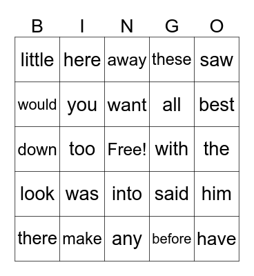 1st 100 Fast Words Bingo Card