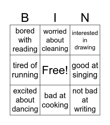 Adjectives + Prepositions Bingo Card