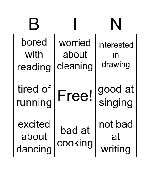 Adjectives + Prepositions Bingo Card