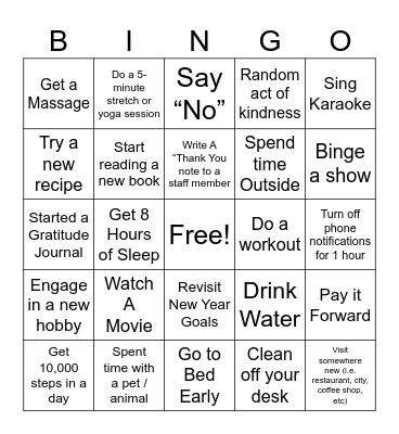 Mental Health Bingo Card