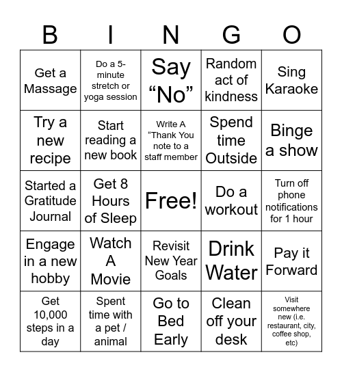 Mental Health Bingo Card