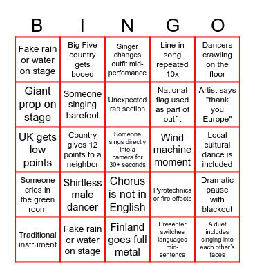 Eurovision Bingo Card