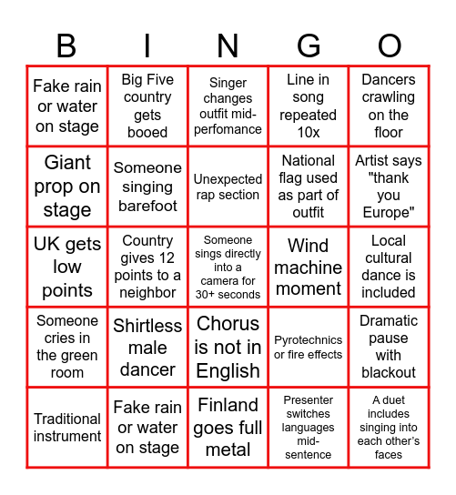 Eurovision Bingo Card