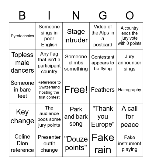 Eurovision Bingo Card Bingo Card