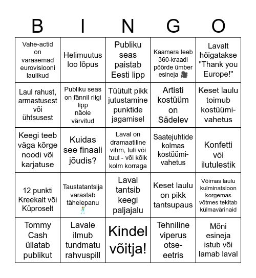 Eurovision Bingo Card