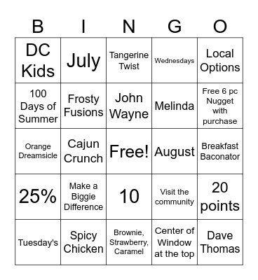 Wendy's Bingo Card