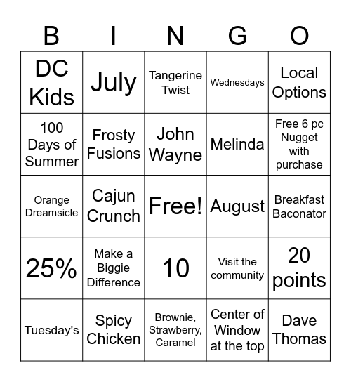 Wendy's Bingo Card