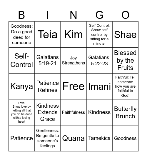 Fruit of the Spirit Bingo Card