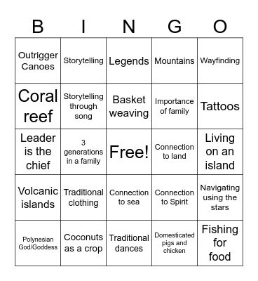 Polynesian Culture in Moana Bingo Card