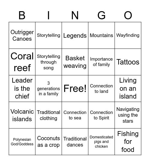Polynesian Culture in Moana Bingo Card