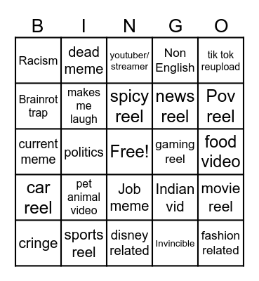Instagram reel bingo Card