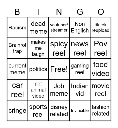 Instagram reel bingo Card