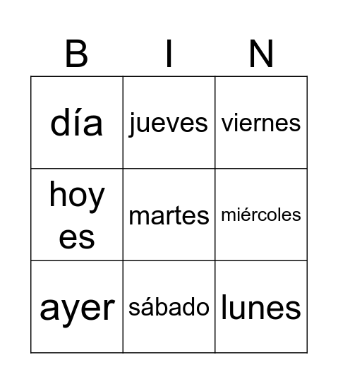 Days of the week/días de la semana Bingo Card