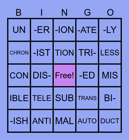 MORPHEME TIME Bingo Card