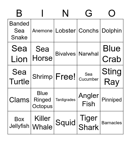 Sea Creature Bingo Card