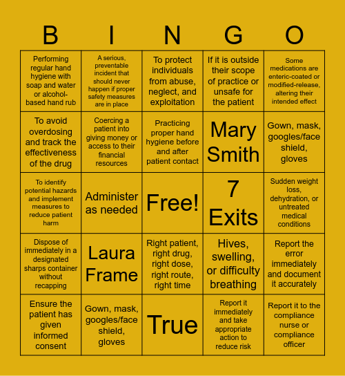 Nursing Compliance Bingo Card