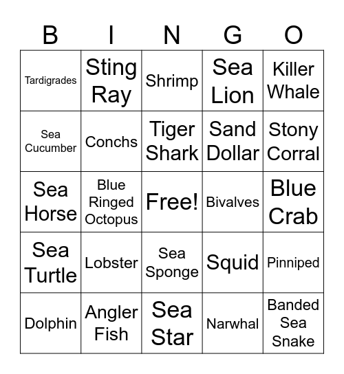 Sea Creature Bingo Card