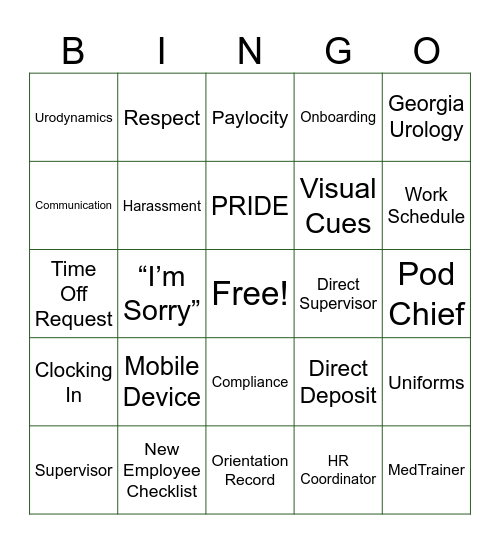 Orientation Bingo Card