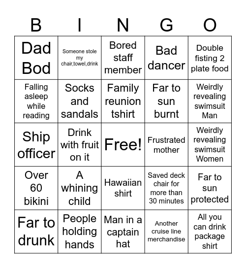 Cruise BINGO People watching Bingo Card