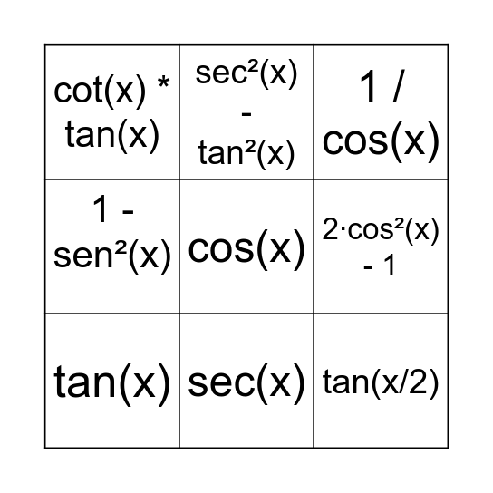 Trigonometría Bingo Card