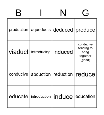 duct / duce  - to lead, pull, draw, bring... Bingo Card