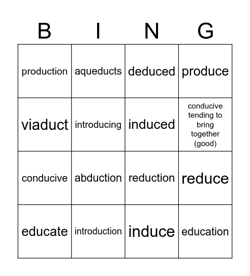 duct / duce  - to lead, pull, draw, bring... Bingo Card