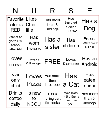 New Student- Nursing School Orientation Ice Breaker Bingo Card
