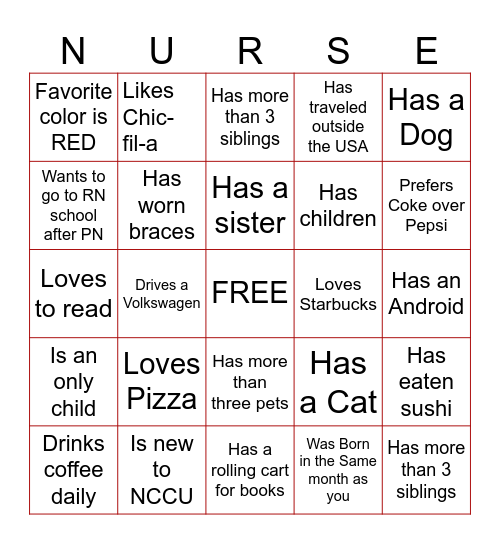 New Student- Nursing School Orientation Ice Breaker Bingo Card