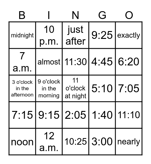 Do you have the time? Bingo Card