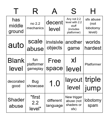 Geometry Dash 2.2 Recent Tab Bingo Card