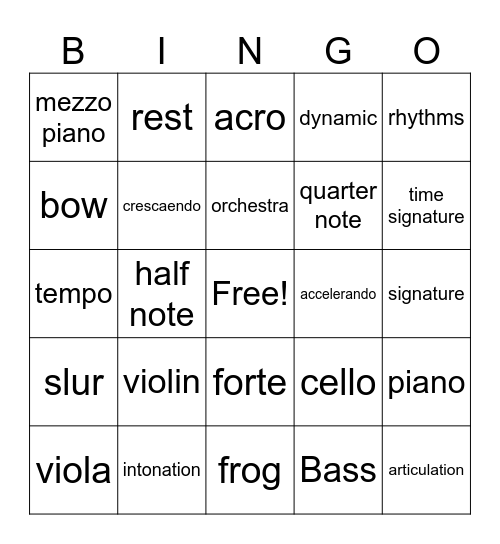 Orchestra Bingo Card