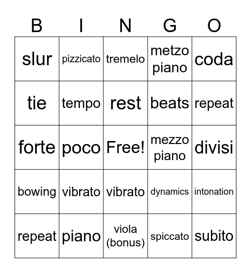 orchrestra Bingo Card