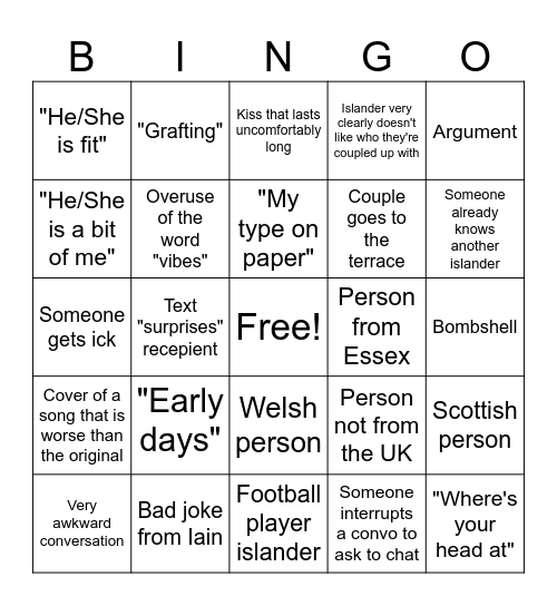 Love Island 2025 Bingo Card