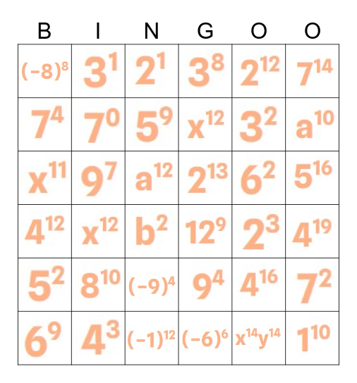 Exponent Bingo Card