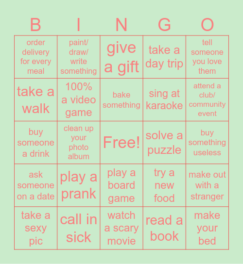 Boredom Bingo Card