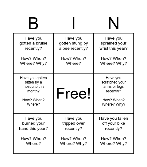 Accidents and injuries Bingo Card