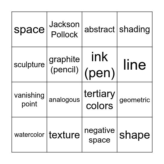 Art Vocabulary Bingo! Bingo Card