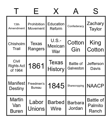 Texas History Second Semester Review Bingo Card