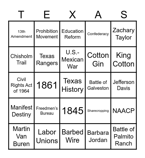 Texas History Second Semester Review Bingo Card