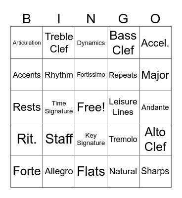 Music Terminology Bingo Card