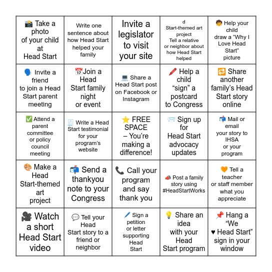 Head Start Family Action Tracker – BINGO Style! Bingo Card
