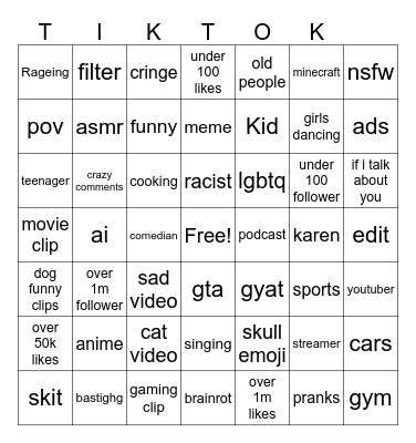 Tiktok Bingo Card