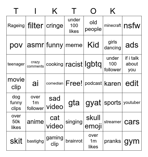Tiktok Bingo Card