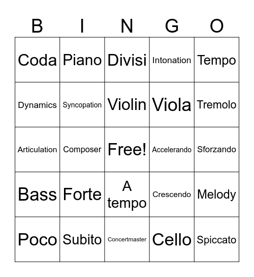 Orchestra Bingo Card
