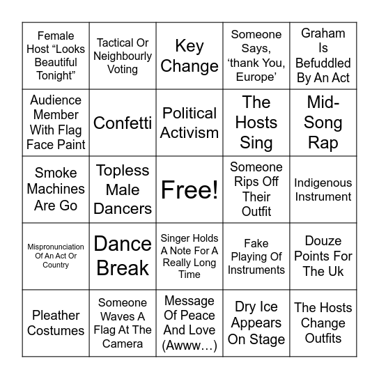 Eurovision Bingo Card